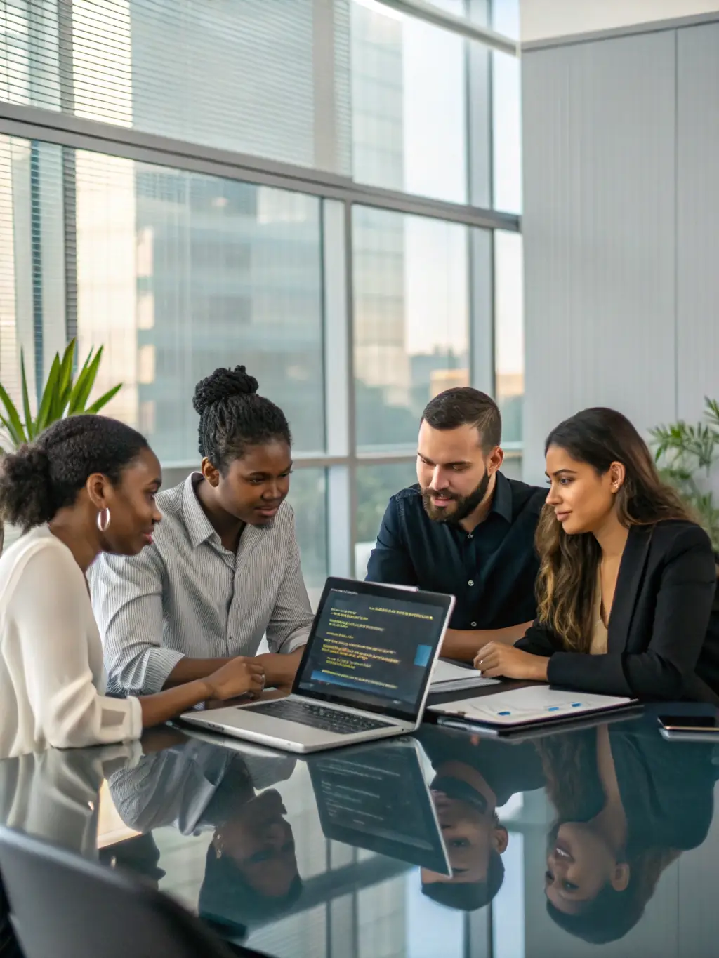 A diverse team of IT professionals collaborating on a software development project in a modern office setting, emphasizing teamwork and innovation.