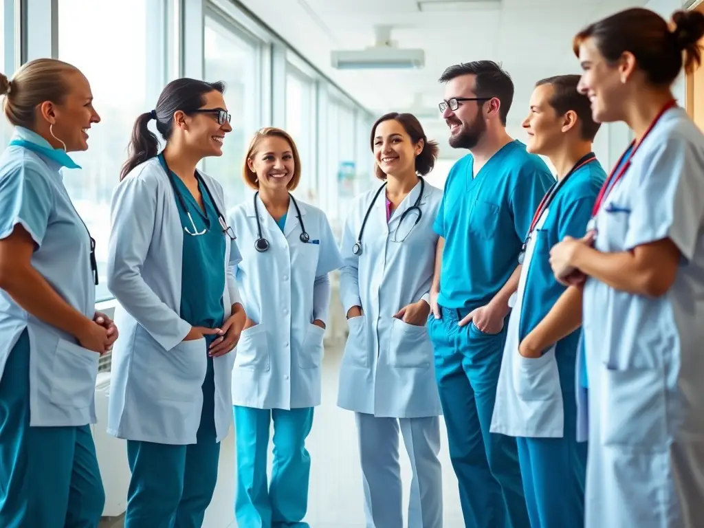 A group of healthcare professionals working together in a hospital setting, highlighting Tecfirst LLC's healthcare staffing solutions.