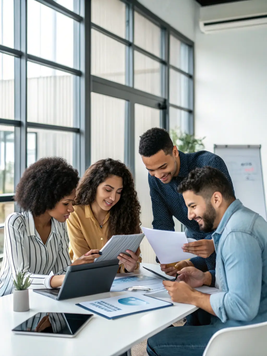 A group of administrative professionals working efficiently in a well-organized office environment, highlighting productivity and collaboration.