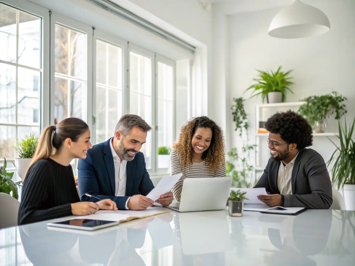 A team of administrative professionals collaborating in a well-lit office, representing Tecfirst LLC's non-IT staffing solutions.