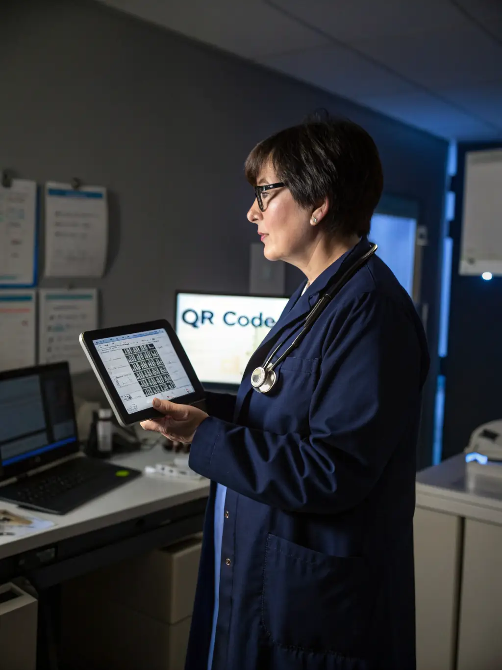 A healthcare administrator managing patient records and coordinating healthcare services in a modern hospital setting, emphasizing organization and efficiency.