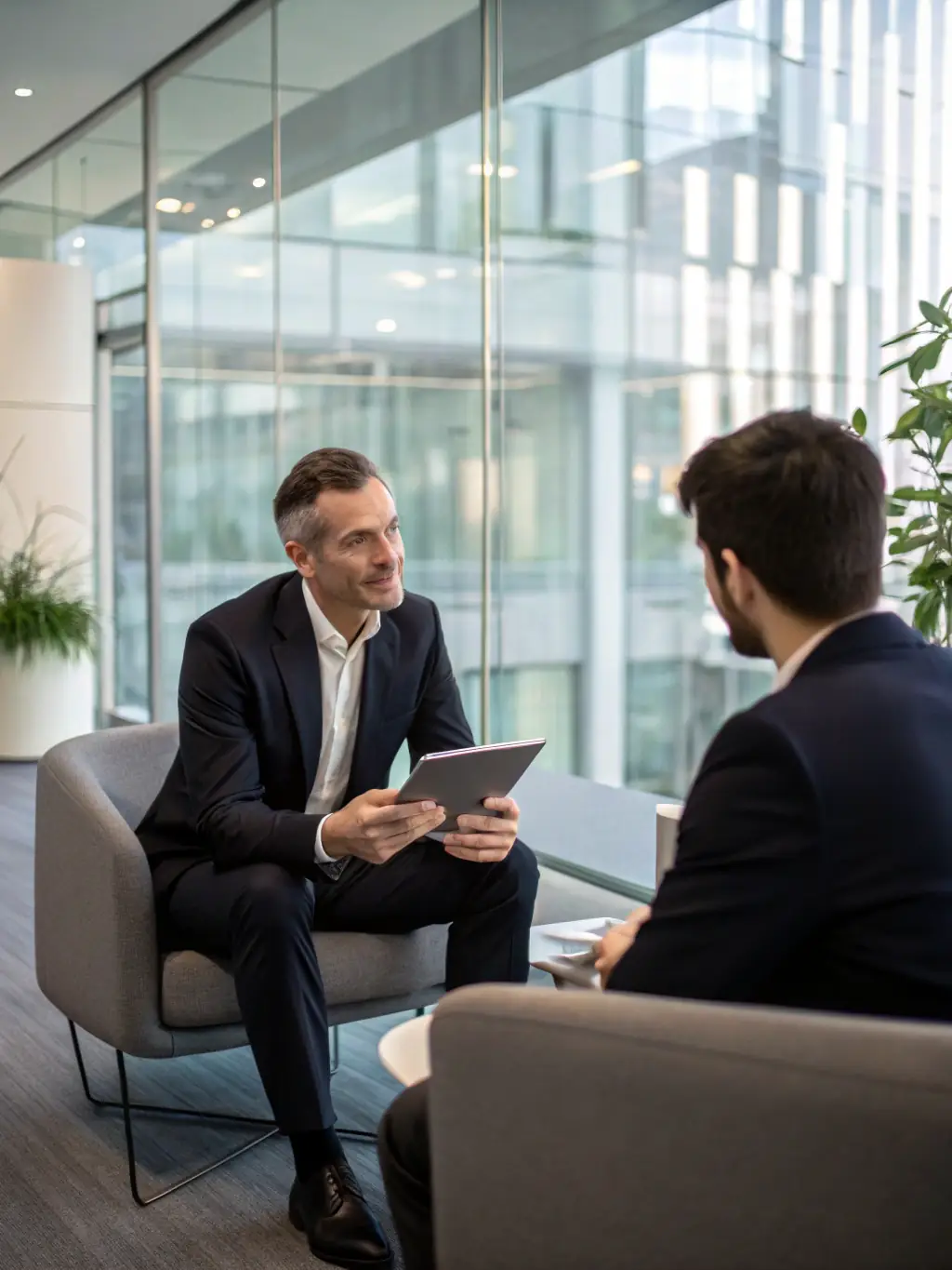 A consultant deeply engaged in a discussion with a client, reviewing staffing strategies and solutions in a modern office environment.