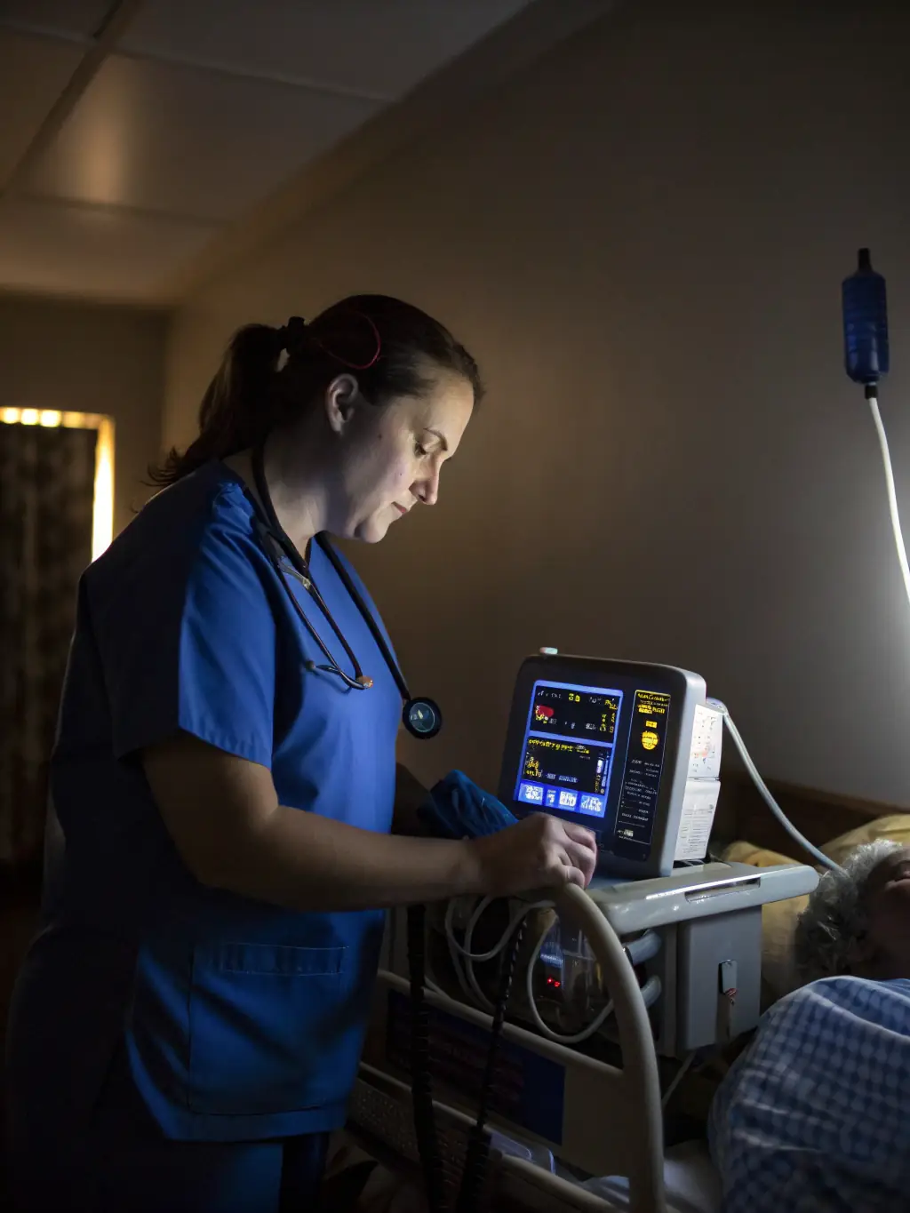Healthcare professionals, including nurses and technicians, providing attentive patient care in a hospital setting, showcasing compassion and expertise.