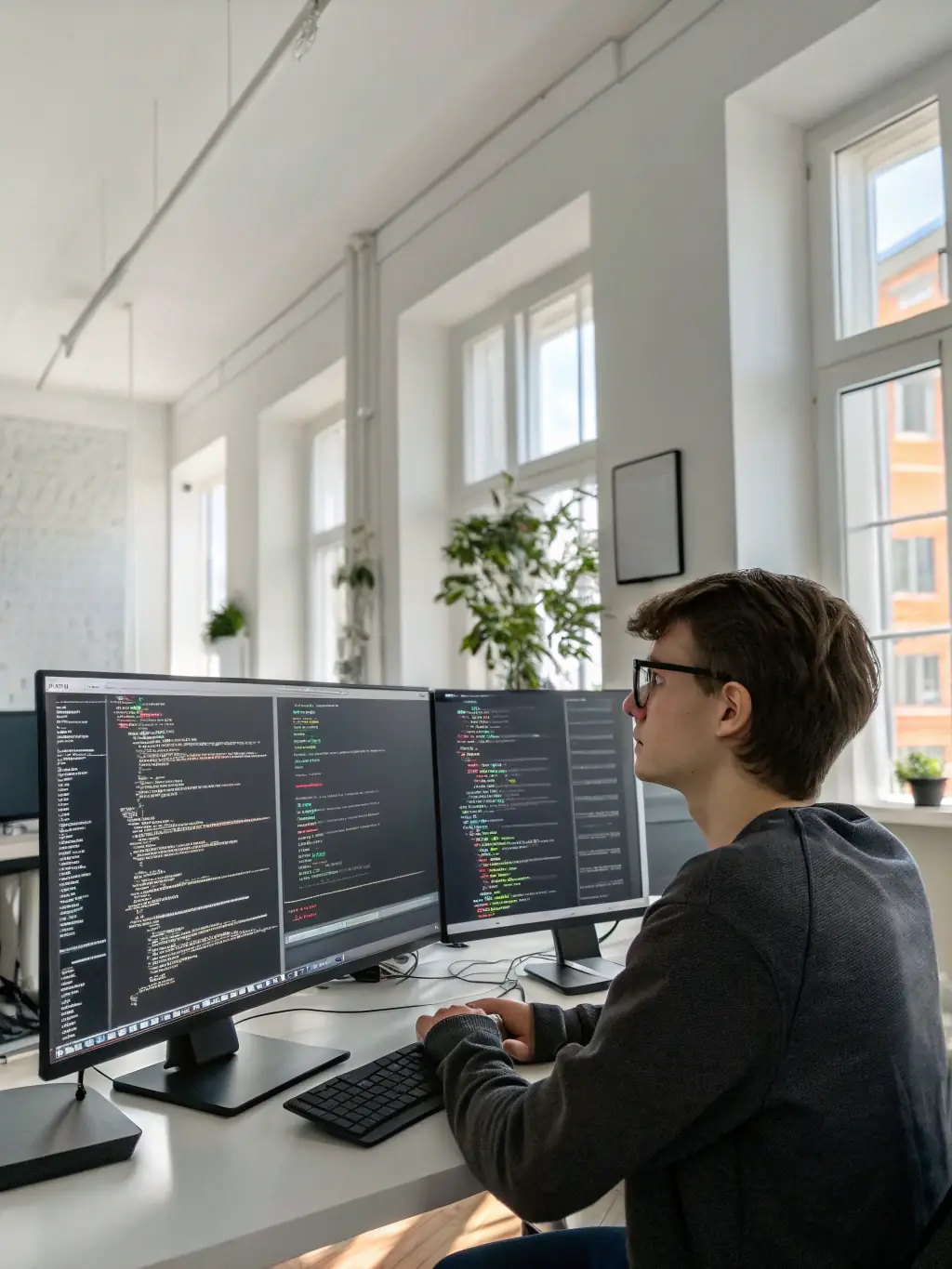 A professional software developer working on a complex coding project in a modern office setting, emphasizing collaboration and innovation.