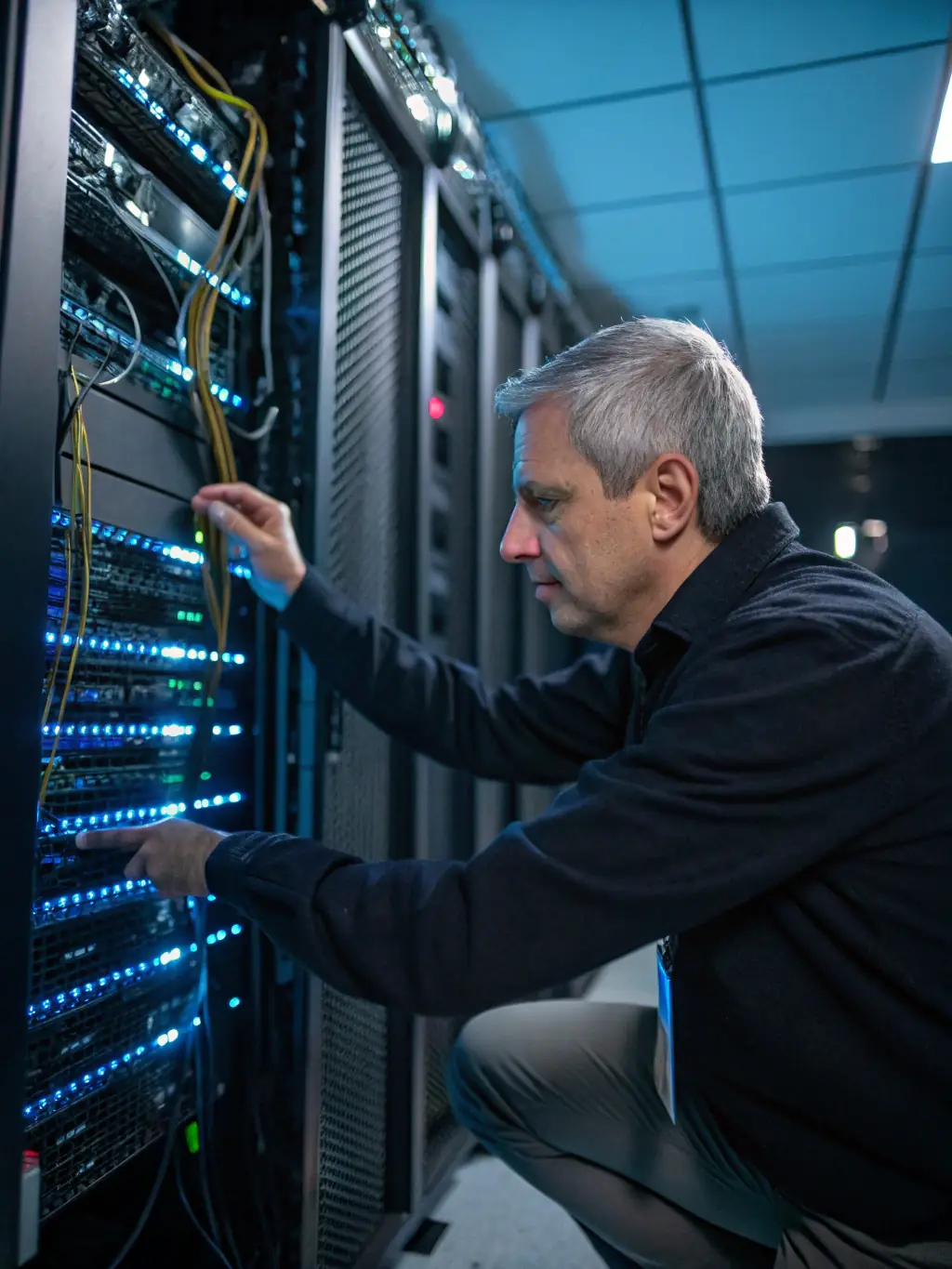 A network engineer configuring and maintaining network infrastructure in a data center environment, showcasing technical expertise and problem-solving skills.