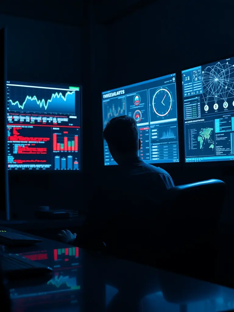 A cybersecurity analyst monitoring network traffic and responding to security threats in a security operations center, highlighting vigilance and expertise.