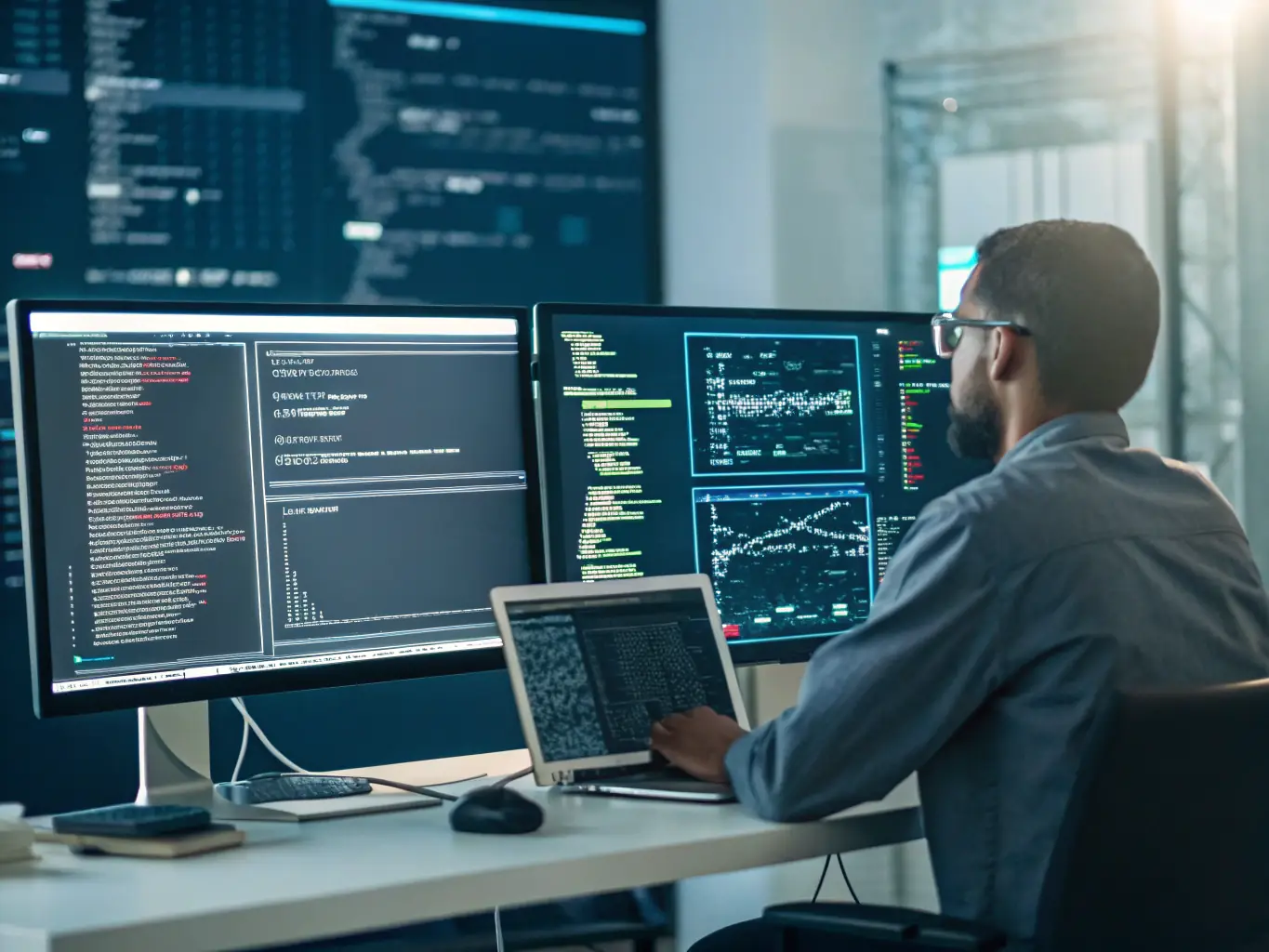 A professional IT specialist working on a complex network configuration in a modern office environment, showcasing Tecfirst LLC's expertise in IT staffing solutions.